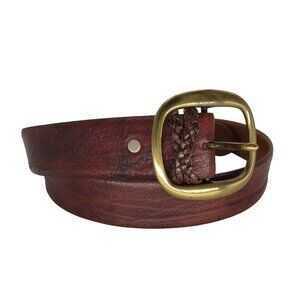 Women's Dark Brown Textured Leather Belt Brass Buckle Braid Braided Loop 34/35